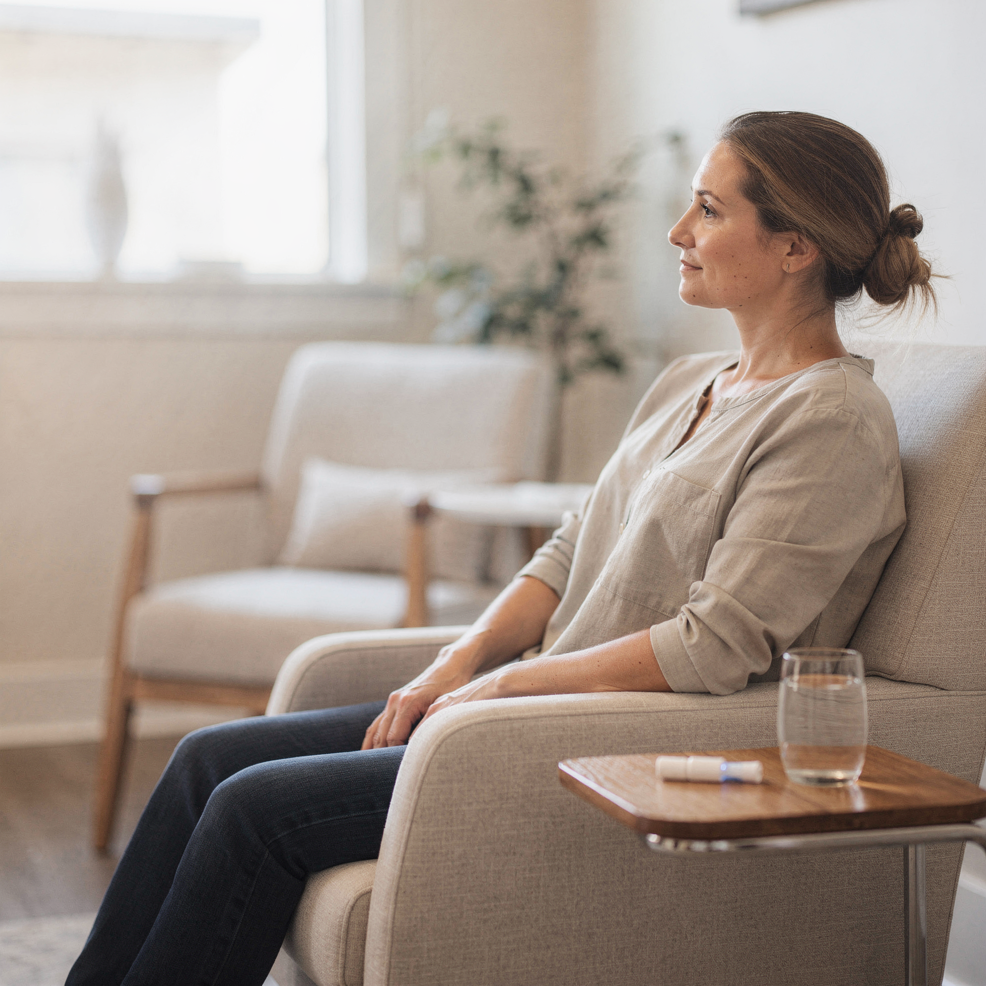 Woman sitting on a couch in a clinical waiting room during a Spravato treatment session